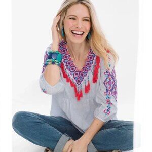 Chico's Blue Pinstripe Tassel Trim Embroidered Beaded Top Sz 0 S/4 #129H